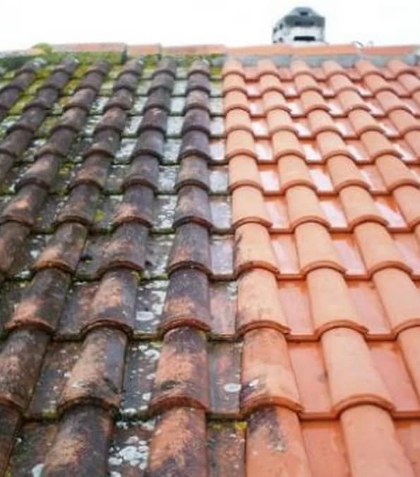 Démoussage de toiture avant après en Gironde : tuiles envahies de mousse puis nettoyées et traitées